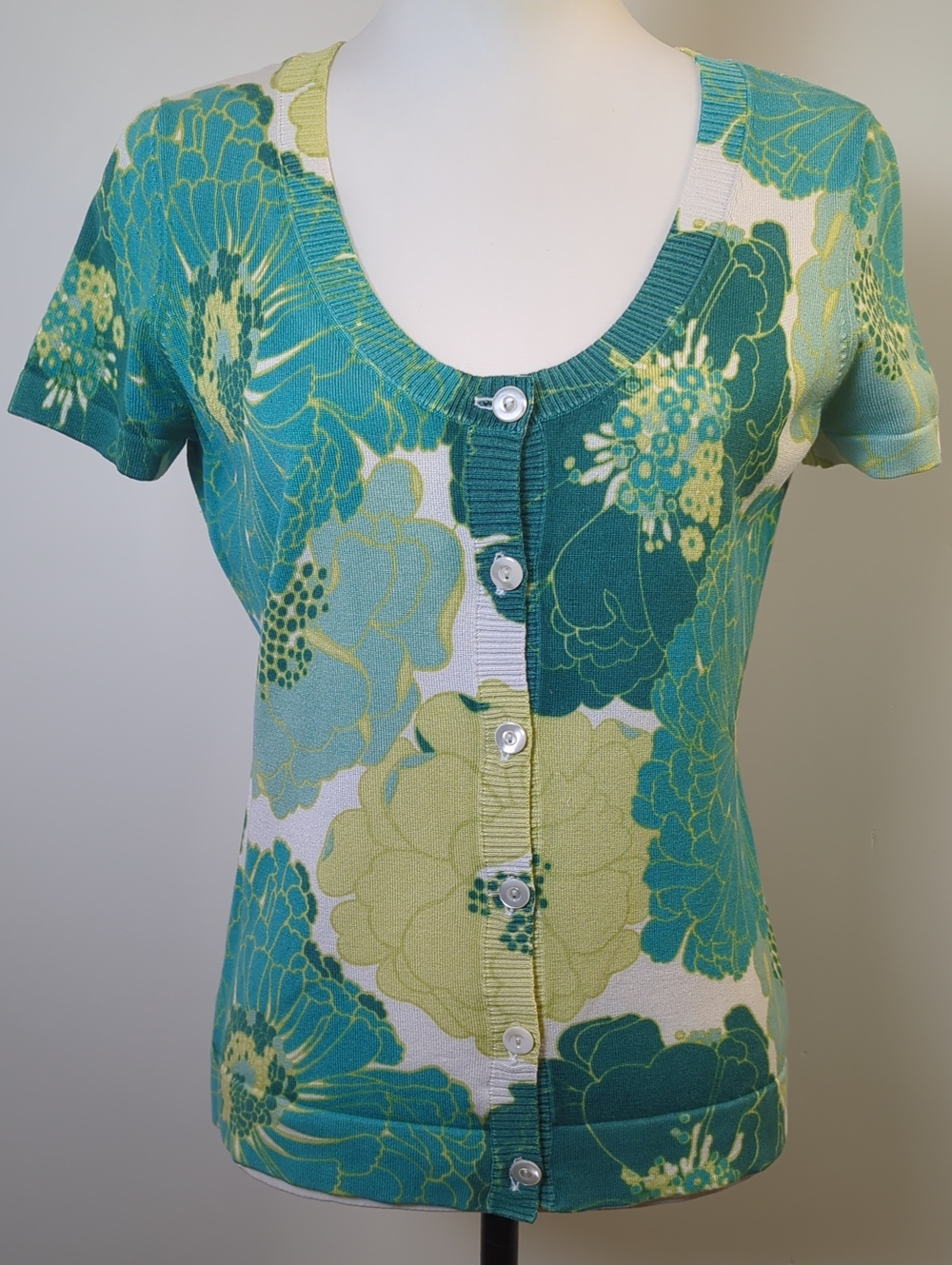 Ann Taylor Teal & Lime Floral Short Sleeve Button Up Cardigan Sweater MEDIUM